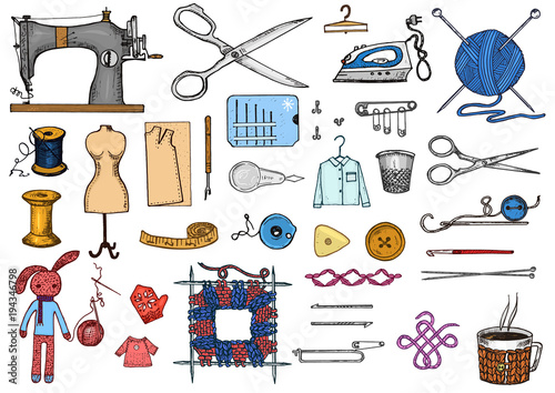Set of sewing tools and materials or elements for needlework. Handmade equipment. Tailor shop for labels, badgess. thread and needle, mannequin. engraved hand drawn realistic in old vintage sketch.