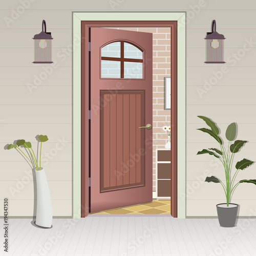 Illustration of the entrance door of a country house in the interior.