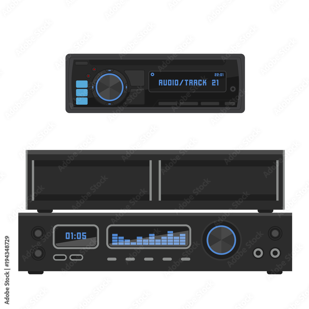 Fototapeta premium Acoustic sound system stereo flat vector music loudspeakers player subwoofer equipment technology.