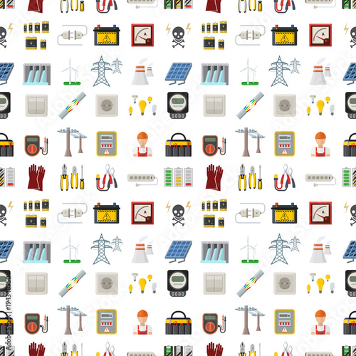 Energy electricity power battery vector illustration industrial electrician voltage socket technology seamless pattern background.