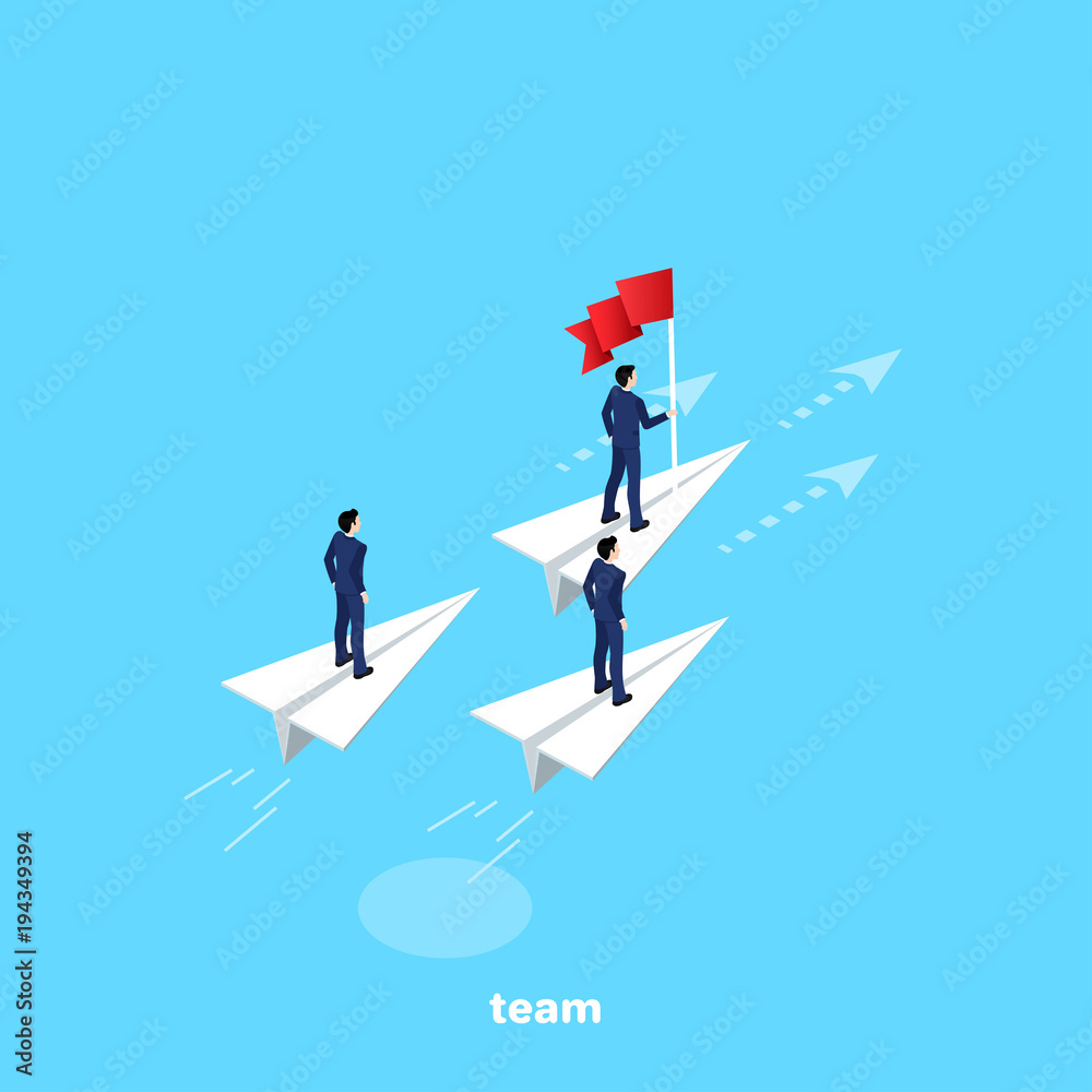 men in business suits fly on paper airplanes as one team, an isometric image men in business suits fly on paper airplanes as one team, an isometric image