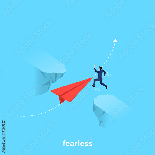 a man in a business suit jumps over a precipice with a flying paper plane, an isometric image