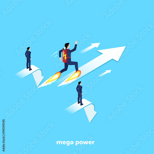 a man in a business suit with a battery on his back running along the arrow forward to success, an isometric image © dimon_ua