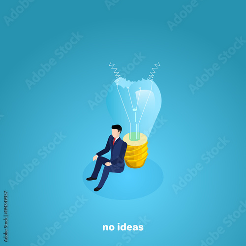 a man in a business suit sits on the floor leaning on a broken light bulb, an isometric image