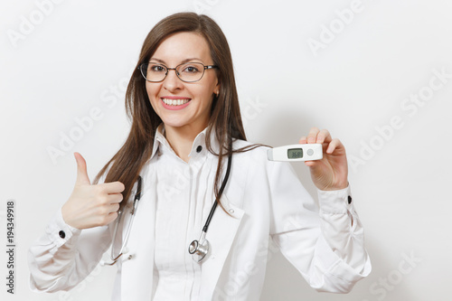 Smiling confident young doctor woman in medical gown with stethoscope glasses showing thumbs up  clinical electronic thermometer with normal temperature isolated on white background. Medicine concept.