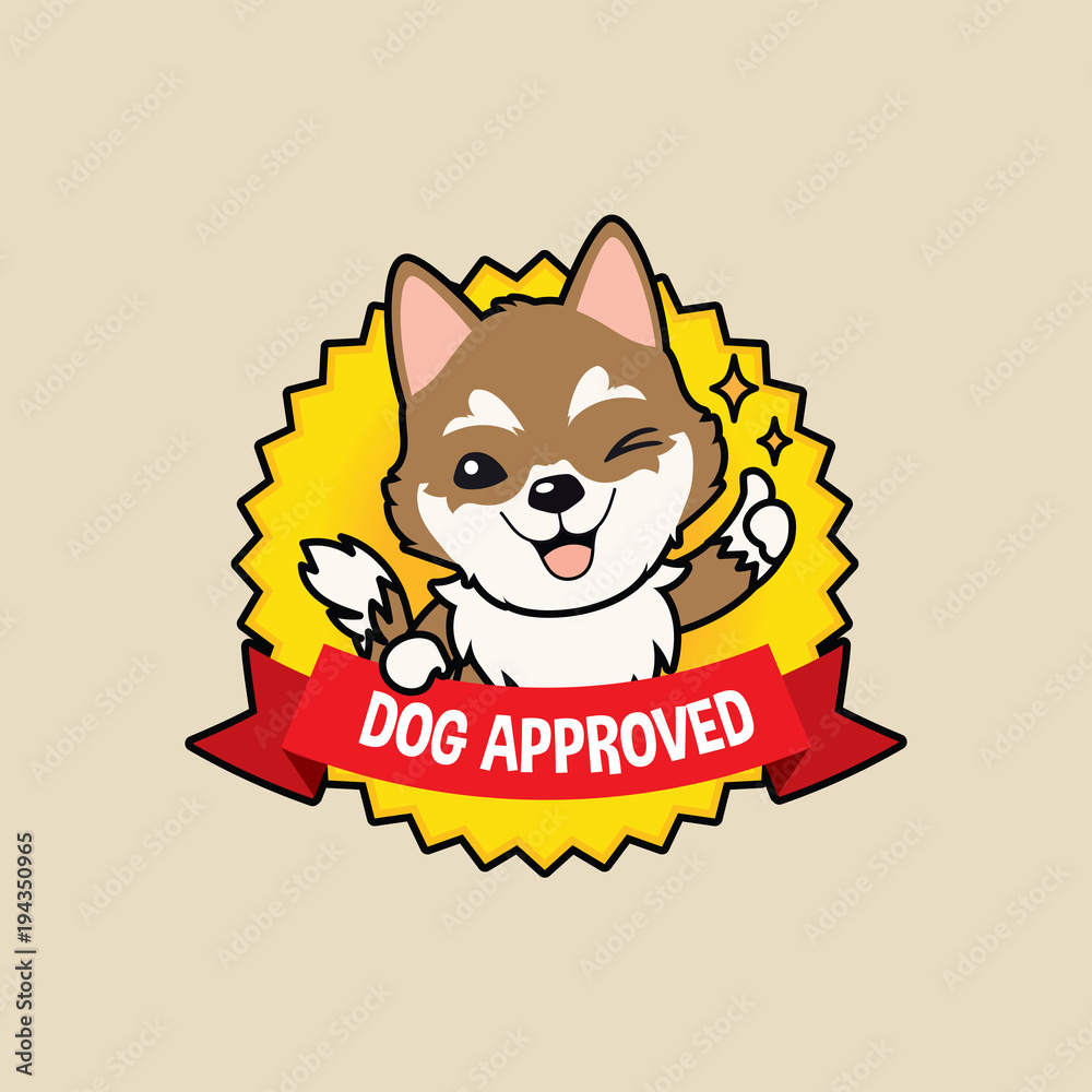 Cute cartoon character design Siberian Husky dog on badge design action  thumb up , dog approved symbols ,flat style, guarantee vector illustration  Stock Vector
