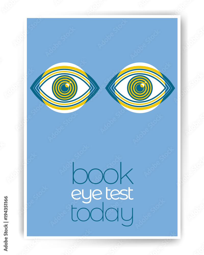 Book an eye test today. Ophthalmology abstract poster design with illustration. Human eye vector icon design, geometric style design. Medical illustration for cover, advertisement, poster design. Book an eye test today. Ophthalmology abstract poster design with illustration. Human eye vector icon design, geometric style design. Medical illustration for cover, advertisement, poster design.