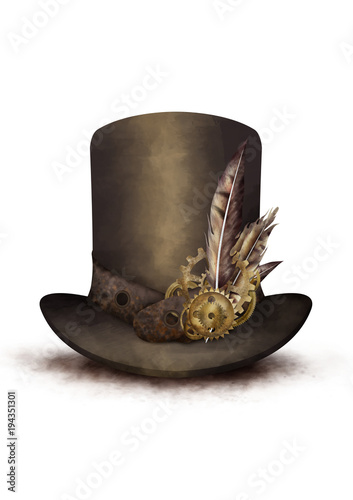 Drawn steampunk cylinder hat white isolated