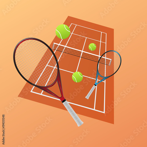 Tennis game - Vector illustration of two tennis racket, balls and clay court