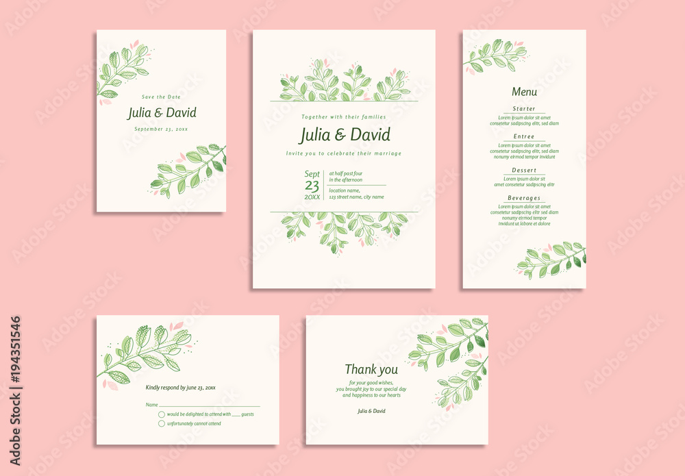 Wedding Invitation Set with Pink and Green Floral Elements Stock ...