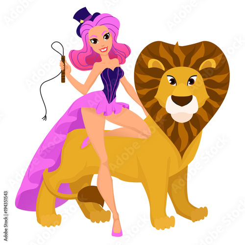 Woman and lion. Lion tamer. Character representing Leo for a modern horoscope. EPS10 vector illustration.