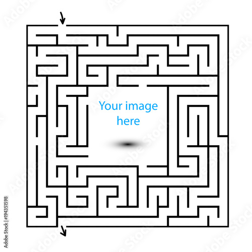 Maze puzzle game with logo or image placeholder inside. Usage for commercial purpose or advertisement. Arrow for entrance and exit point. EPS10 vector.