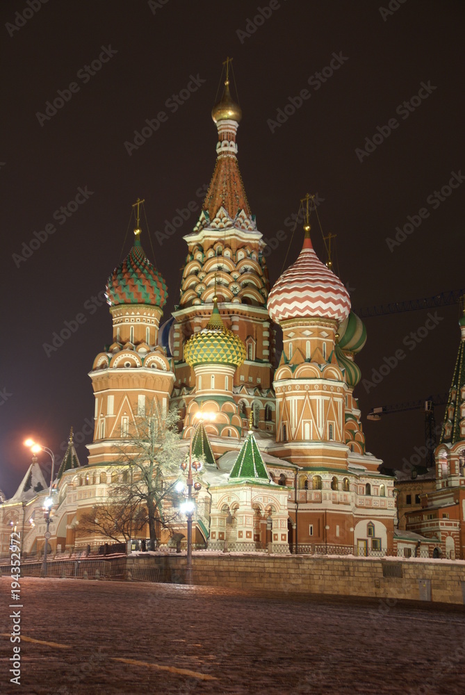 St. Basil's Cathedral on red square in winter time, Russia, Moscow, Maslenitsa