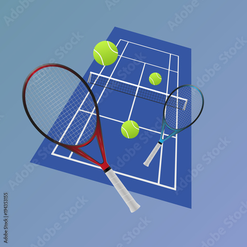 Tennis game - Vector illustration of two tennis rackets, balls on the fast surface