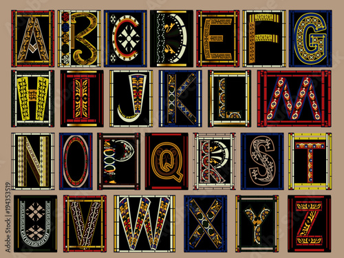 Highly Ornate Gold Illuminated Medieval Vector Font Alphabet Kit