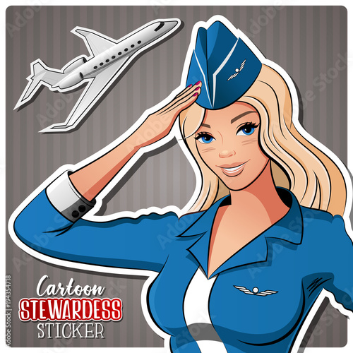 Stewardess in a blue dress with tickets