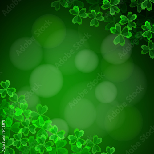 Happy Saint Patricks day abstract green Irish background with sbokeh lights and glowing shamrocks. Party decoration. Modern vector illustration, web banner.