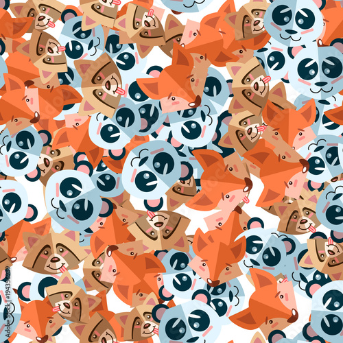 Fototapeta Naklejka Na Ścianę i Meble -  Animal vector pattern seamless background illustration. Cute cartoon texture, textile fabric print, wrapping paper, book cover, baby clothes, pajama, for kids, children. Fox,cat,dog,panda,bear,racoon