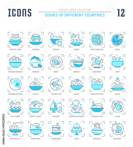 Set Blue Line Icons of Dishes of Different Countries.