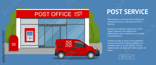 Banner Post office service with postman riding car for delivery. Vector illustration isolated on background. Correspondence isolated vector illustration