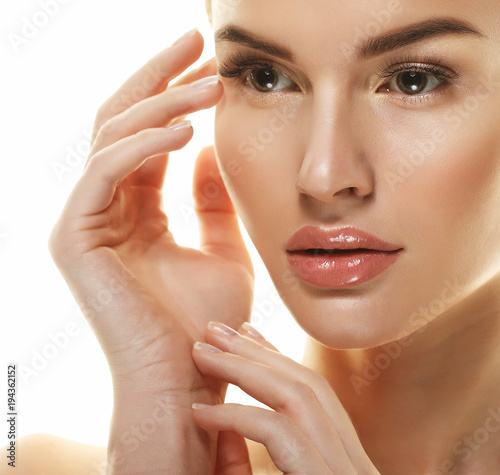 Adult woman portrait, skin care concept, beautiful skin and hand