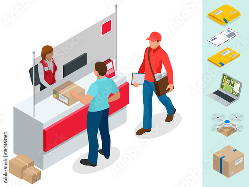 Isometric Post Office concept. Young man waiting for a parcel in a post office. Correspondence isolated vector illustration