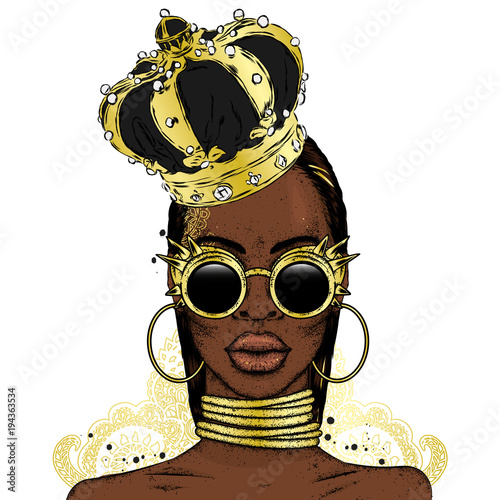 Beautiful African girl in the crown. Black woman. Vector illustration, fashion and style.