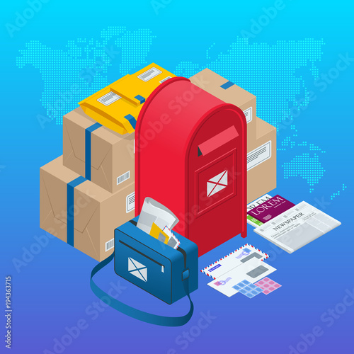Isometric concept Post Office, mailbox, magazines and newspapers, letters and other attributes of postal service, point of correspondence delivery icons vector illustration