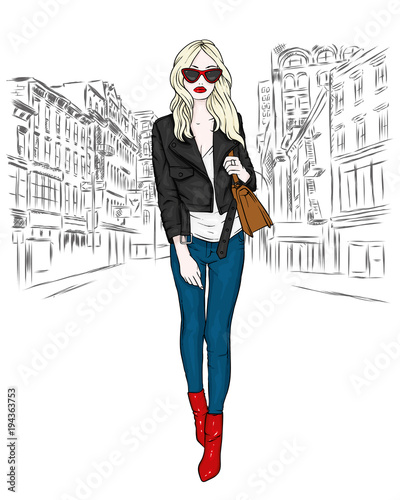 A beautiful girl in jeans, a blouse and in high-heeled shoes. A stylish woman with long hair and a bag. Fashion and style, clothing and accessories. The vector eps10.