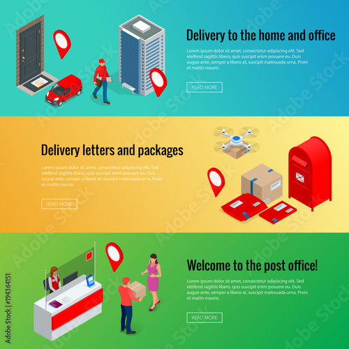 Post horizontal banners set with isometric Post Office Postman, envelope, mailbox and other attributes of postal service, point of correspondence delivery symbols flat isolated vector illustration