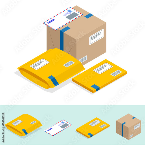 Isometric set of Post Office, attributes of postal service, point of correspondence delivery icons. Postal services icon