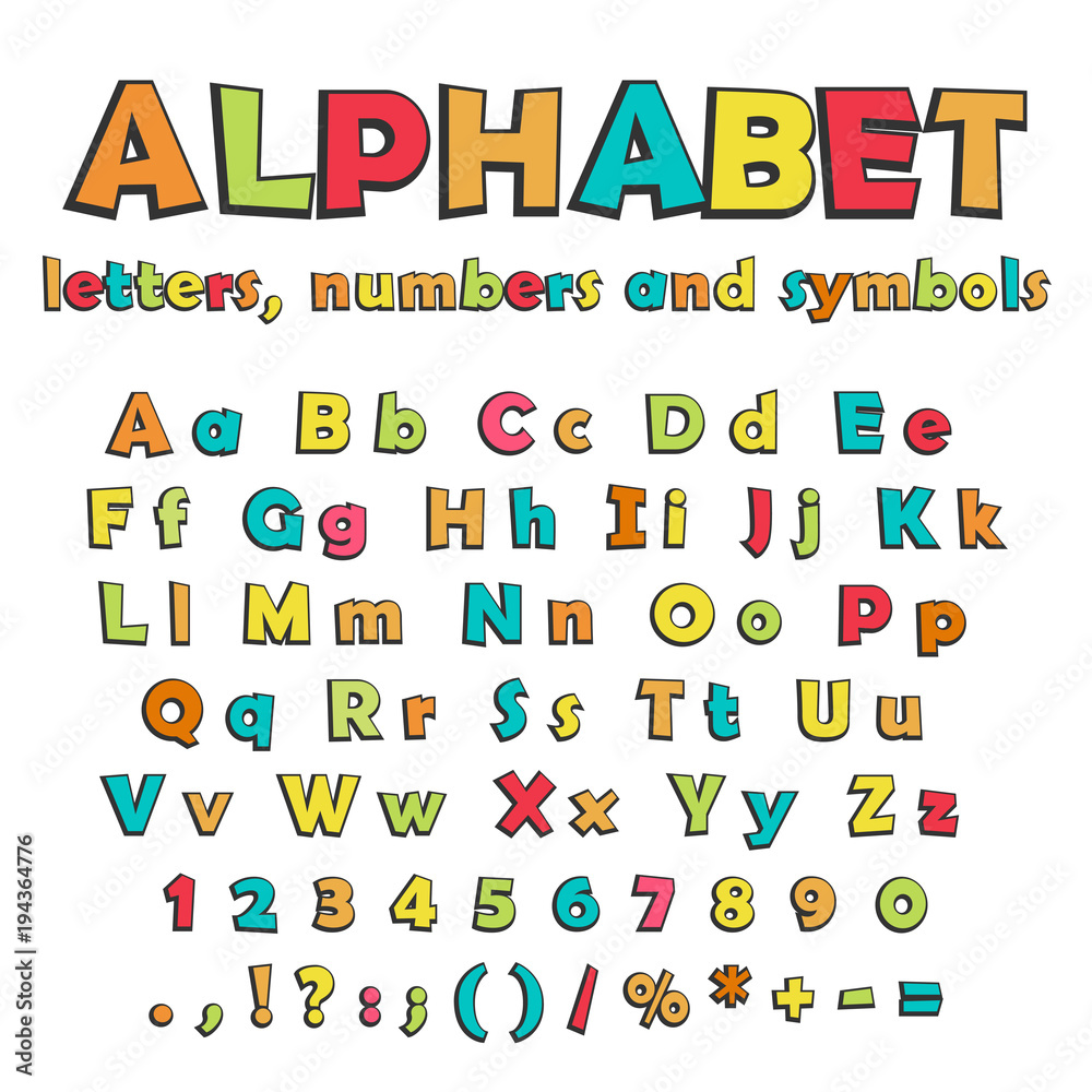 Cartoon letters, numbers and symbols
