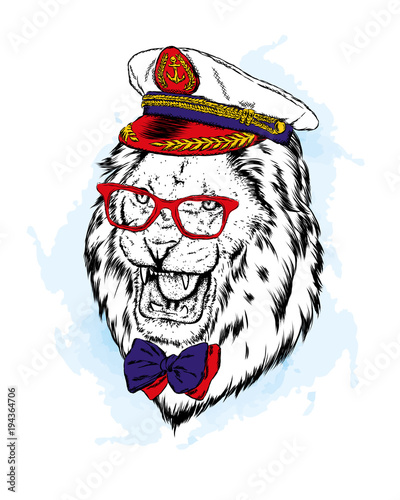 Fototapeta Naklejka Na Ścianę i Meble -  Lion in the captain's cap. Vector illustration.
