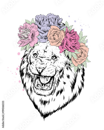 Fototapeta Naklejka Na Ścianę i Meble -  Lion wearing a crown of flowers. Vector illustration.
