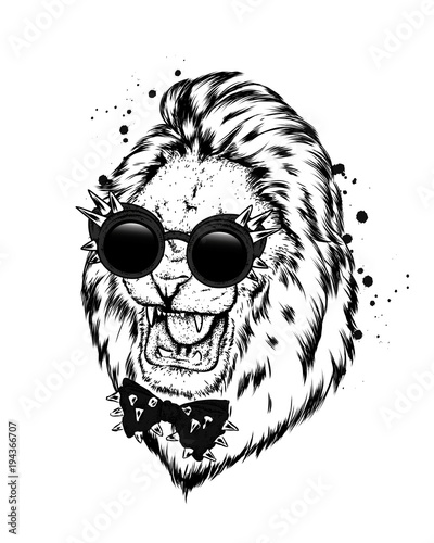 Fototapeta Naklejka Na Ścianę i Meble -  Hipster. Poster . Print . Greeting card with animals. Leo with sunglasses and tie.