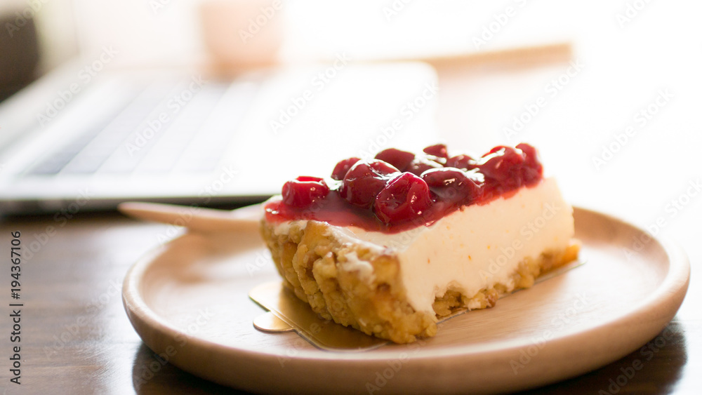 Strawberry cake on working desk for relax time Strawberry cake on working desk for relax time
