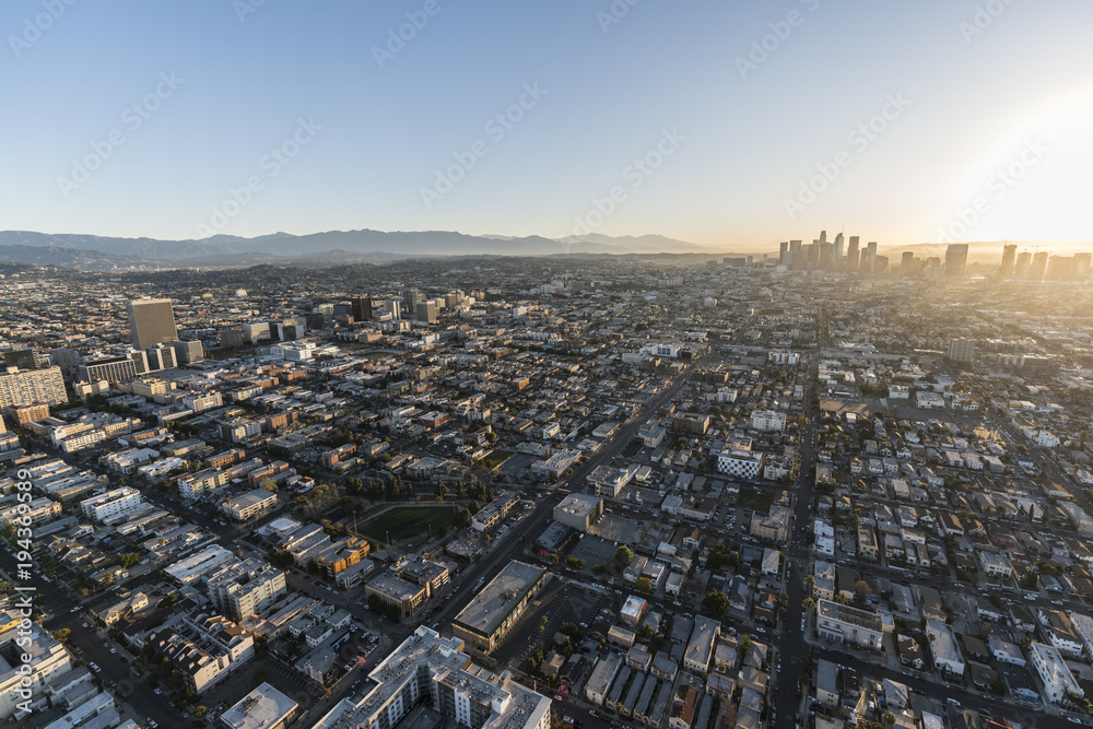 Aerial morning view towards Korea Town and downtown Los Angeles in Southern California.