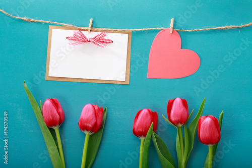 Valentine's day theme with tulips and greeting card