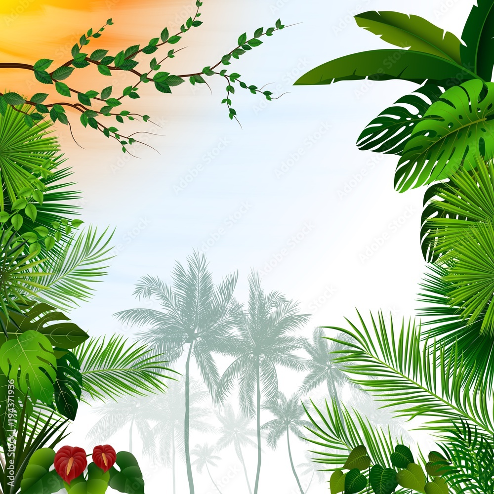 Fototapeta premium Tropical landscape with palm trees and leaves
