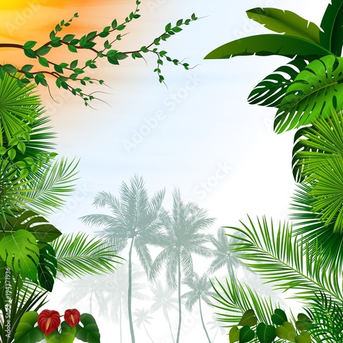 Fototapeta Naklejka Na Ścianę i Meble -  Tropical landscape with palm trees and leaves