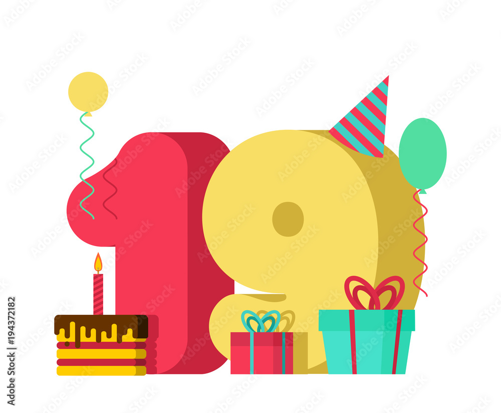 Fototapeta premium 19 year Birthday sign. 19th Template greeting card anniversary celebration. nineteen number and festive piece of cake with candle. Balloon and Gift box.