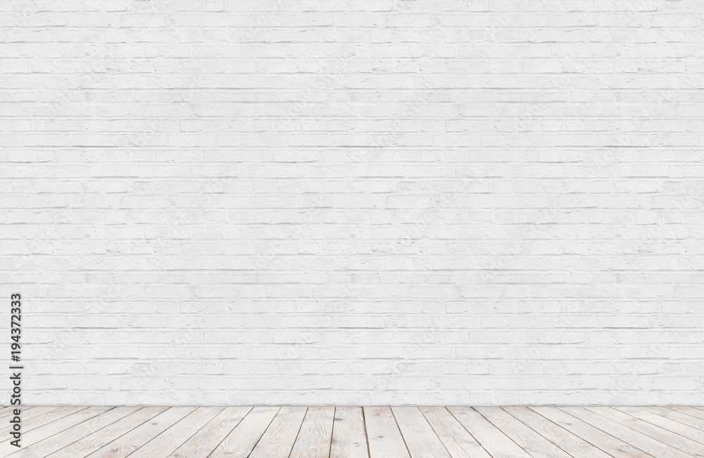 white brick wall with wood floor room - obrazy, fototapety, plakaty 