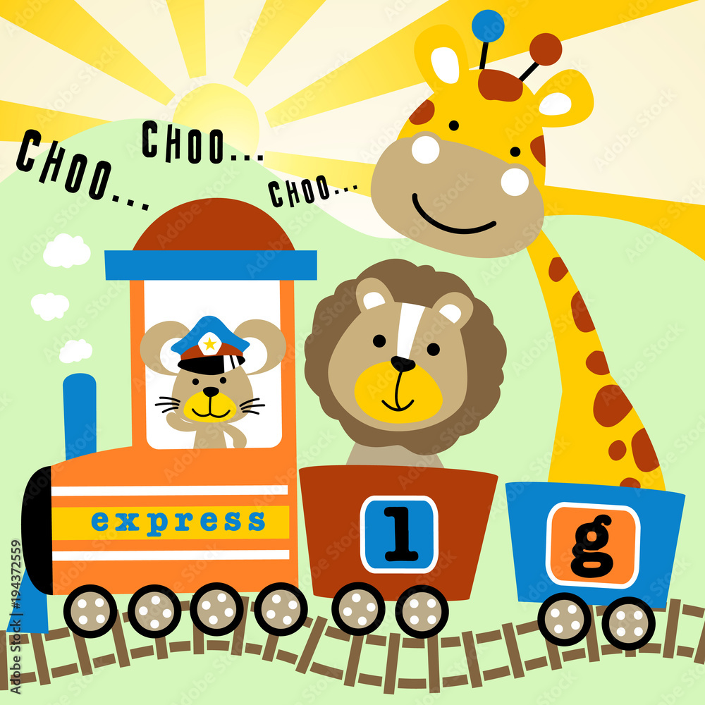 Naklejka premium Fun trip on coal train with funny animals cartoon