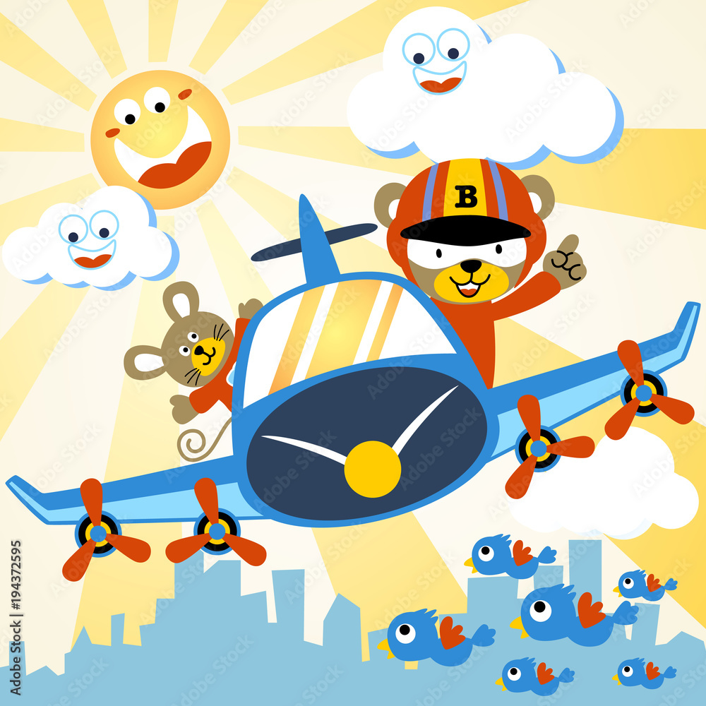 Obraz premium Fun flight at summer with funny pilots cartoon