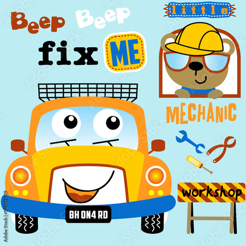 Funny car cartoon with little mechanic