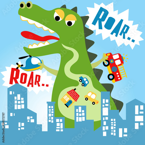 Green monster cartoon attack a city