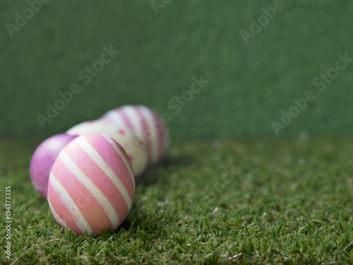 Close up of pink stripes pattern handmade painted Easter eggs on green grass and grass wall for cop space and background in Spring and Easter concept