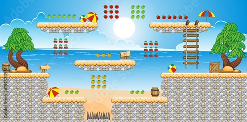 Tile set Platform for Game - A set of layered vector game asset,  contains background, ground tiles and several items, objects, decorations, used for creating mobile games