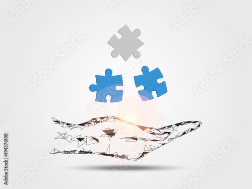 Pieces of jigsaw on hand represents concept of engineering and innovation. Technology Background. Vector illustration.