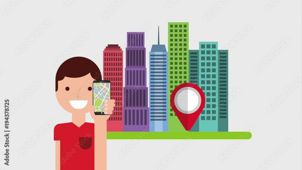 character holding mobile pin map gps navigation city animation character holding mobile pin map gps navigation city animation